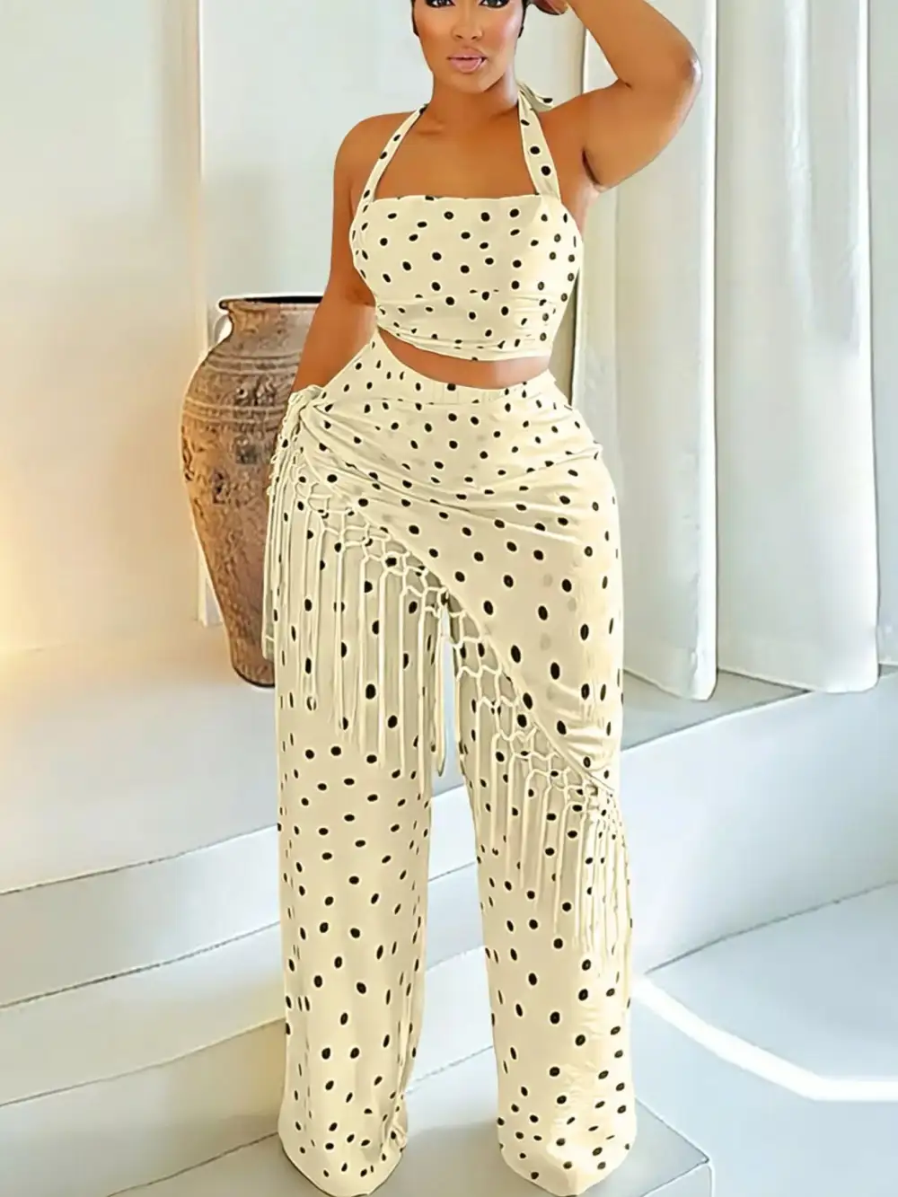 Polka Dot Halter Neck Cami and Fringe Trim Pants