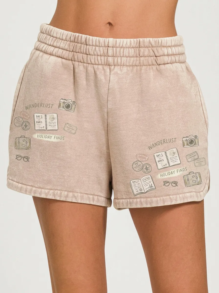 Women's Travel Wanderlust Camera Passport Printed Shorts