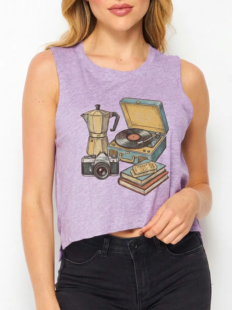 Women's Retro Hobby Lover Camera Record Player Printed Tank Top