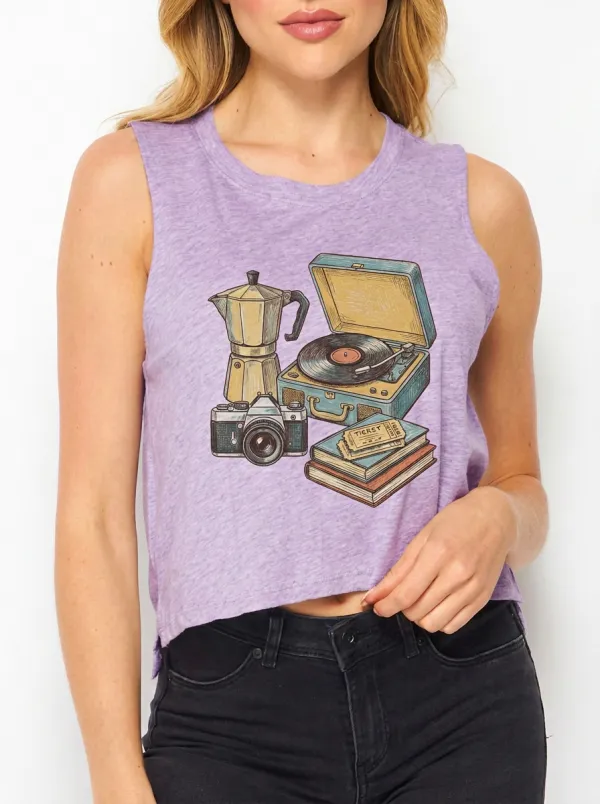 Women's Retro Hobby Lover Camera Record Player Printed Tank Top
