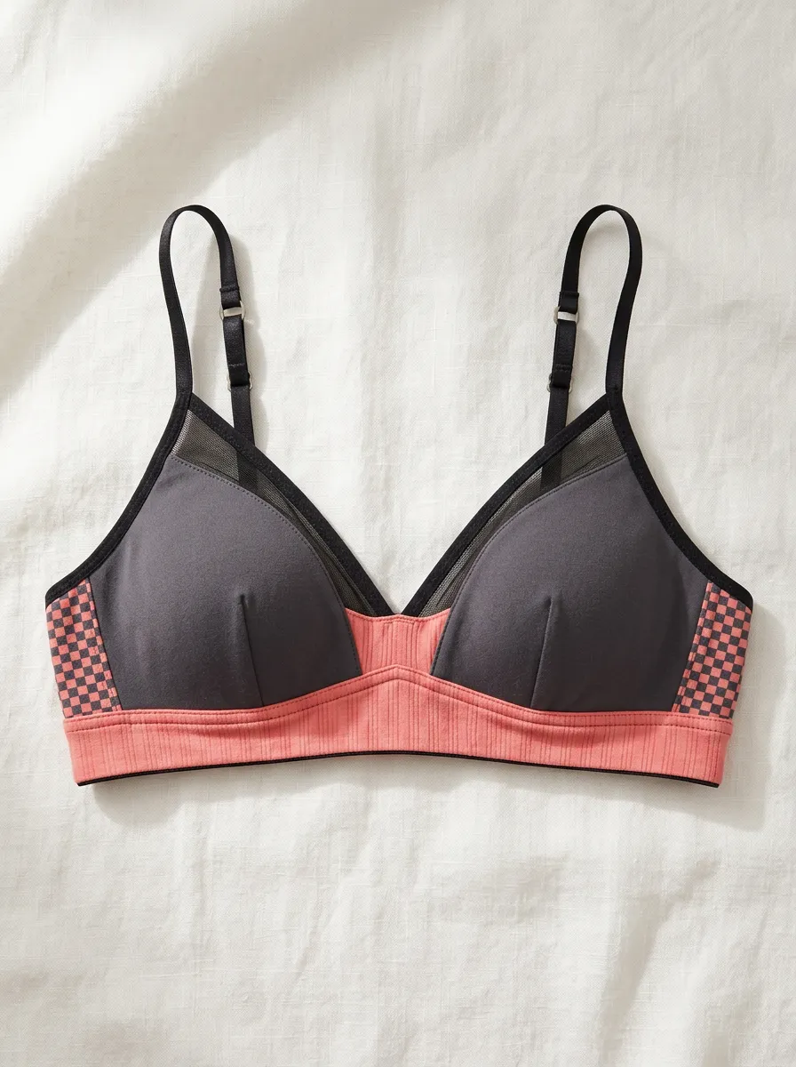 Women's Checkered Pattern Mesh Trimmed Printed Bralette