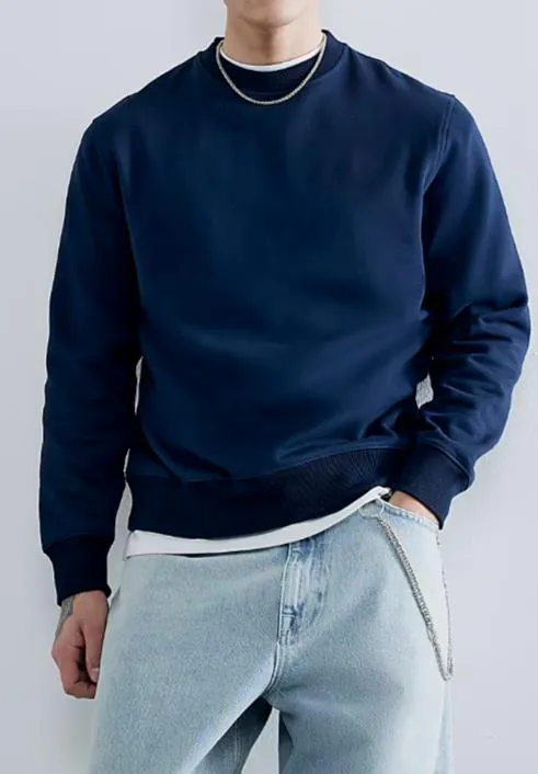 Navy Blue Loose Round Neck Men's Sweatshirt