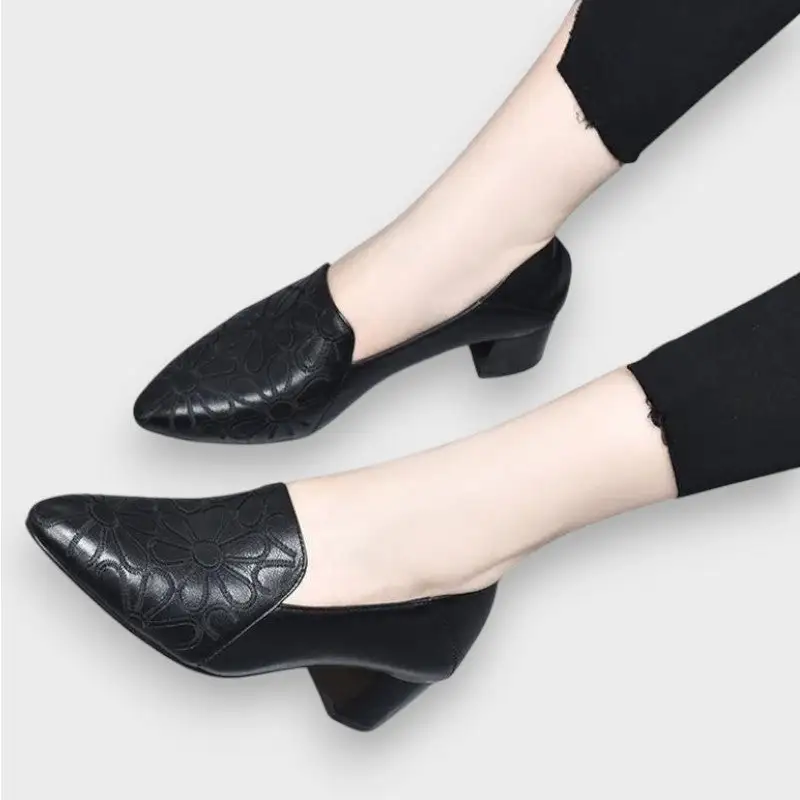 Leather Vegan Leather Block Heel Classic Pumps