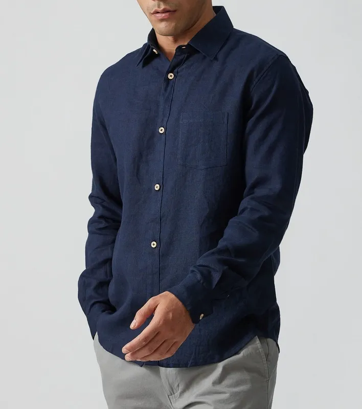 Deep Blue Linen Button-Up Shirt