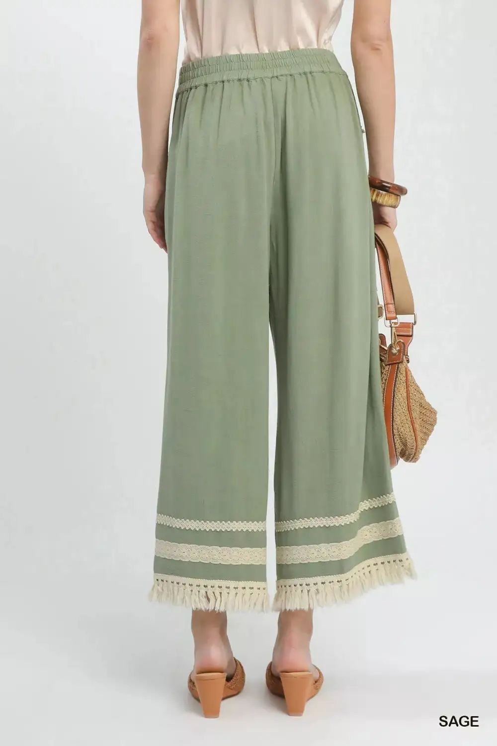 Lace Trim Fringe Hem Wide Leg Pants
