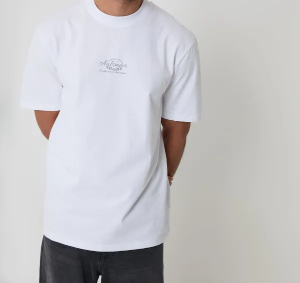 Men's White Relaxed-Fit Graphic Peached Cotton T-Shirt