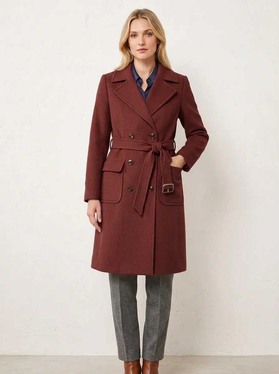 Women's Classic Camel Double-Breasted Belted Wool Coat