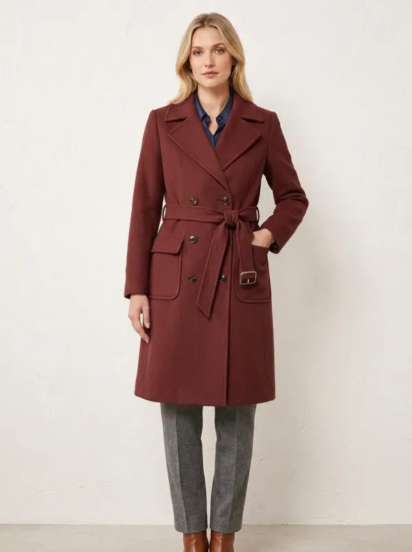 Women's Classic Camel Double-Breasted Belted Wool Coat