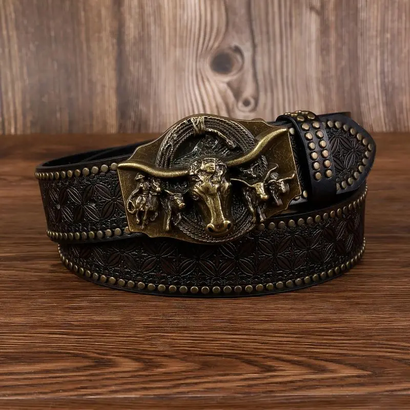 Vintage Western Cowboy Belt Embossed Bull Head Buckle Floral And Dot