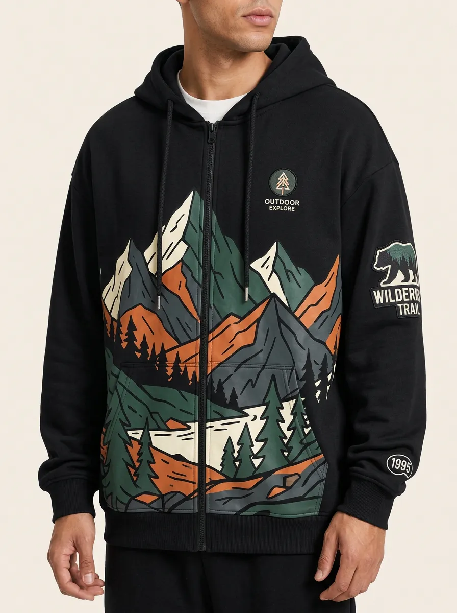 Men's Outdoor Explorer Mountain Wilderness Trail Printed Zip Hoodie