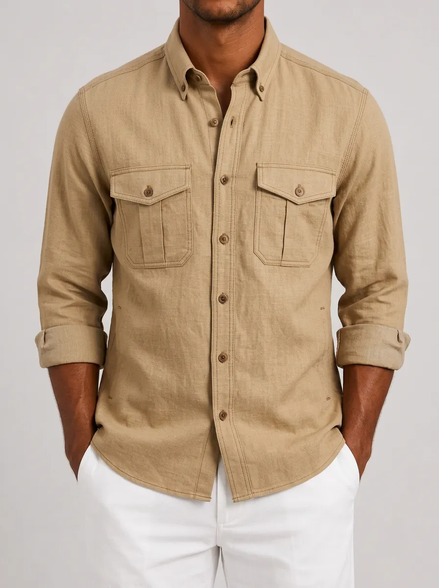 Men's Casual Khaki Linen Double Pocket Button Down Shirt