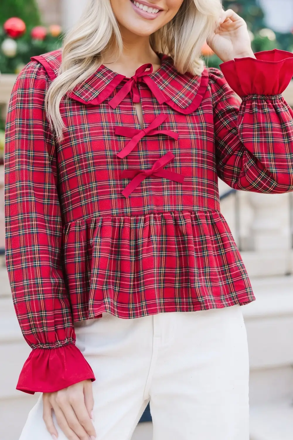 Women's Plaid Long Sleeve Tie Neck Top