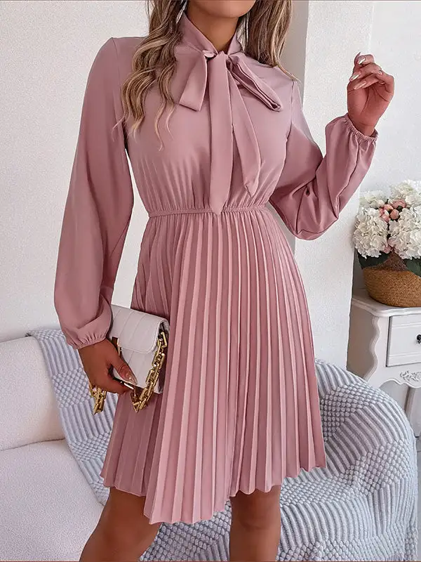 Long Sleeve Relaxed Pleated Solid Color Tied Mock Neck Mini Dress