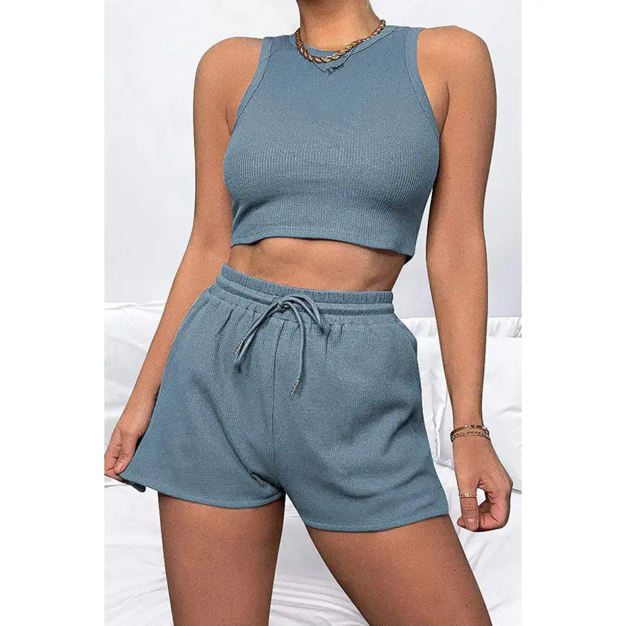 Relaxed Round Neck Top and Drawstring Shorts Set