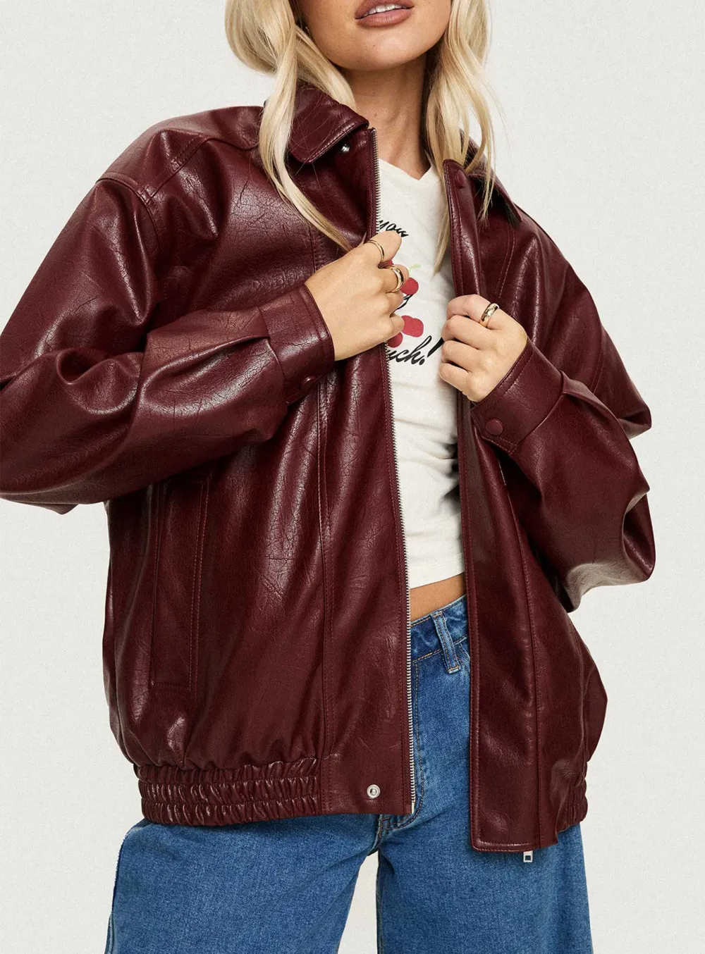 Burgundy Oversized Faux Leather Jacket