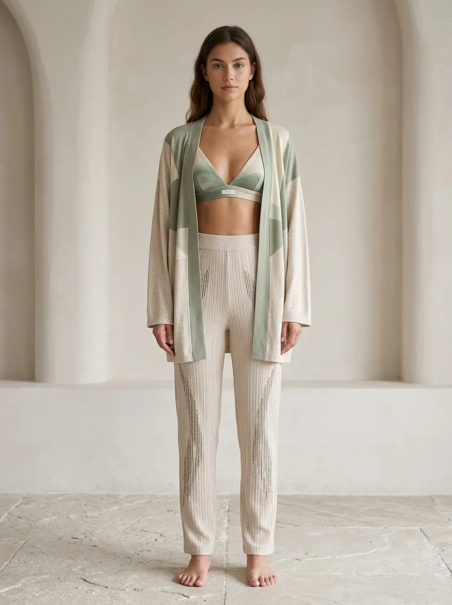 Geometric Ribbed Paneled Cardigan Lounge Set