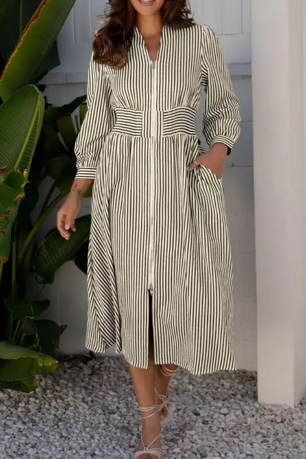 Striped V Neck Zip Front Midi Dress