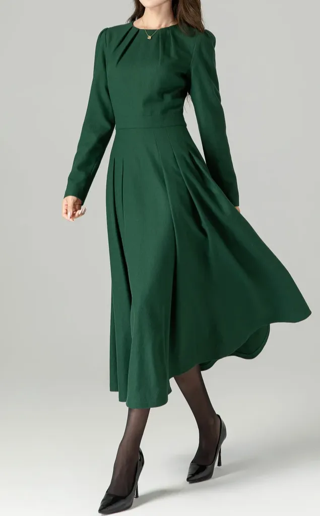 Wool Blend Pleated Long Sleeve Midi Dress