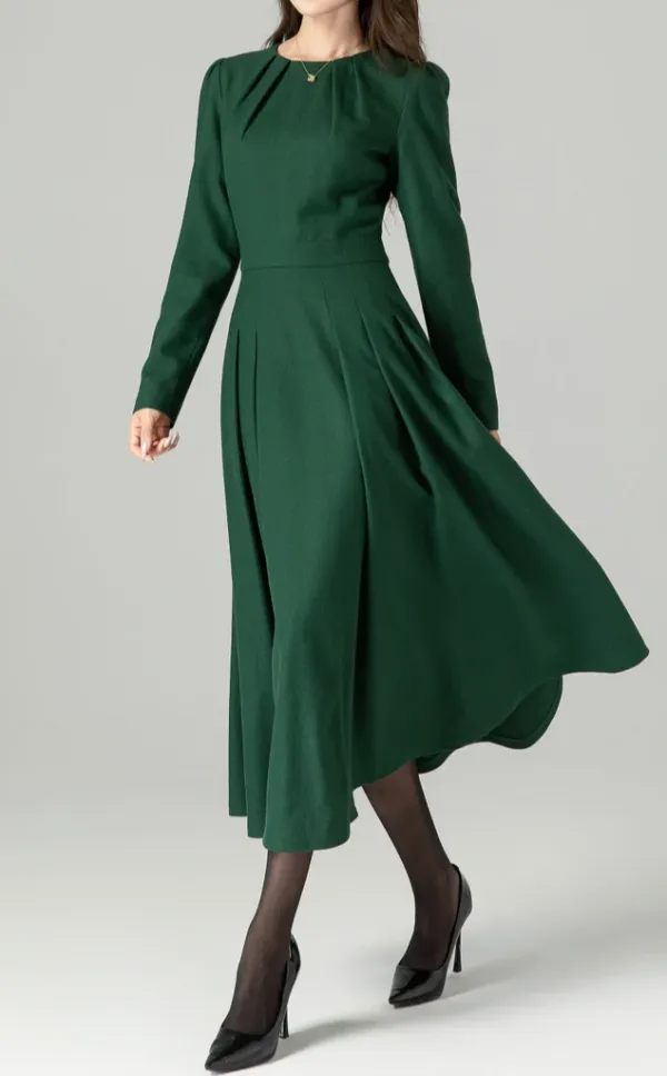 Wool Blend Pleated Long Sleeve Midi Dress