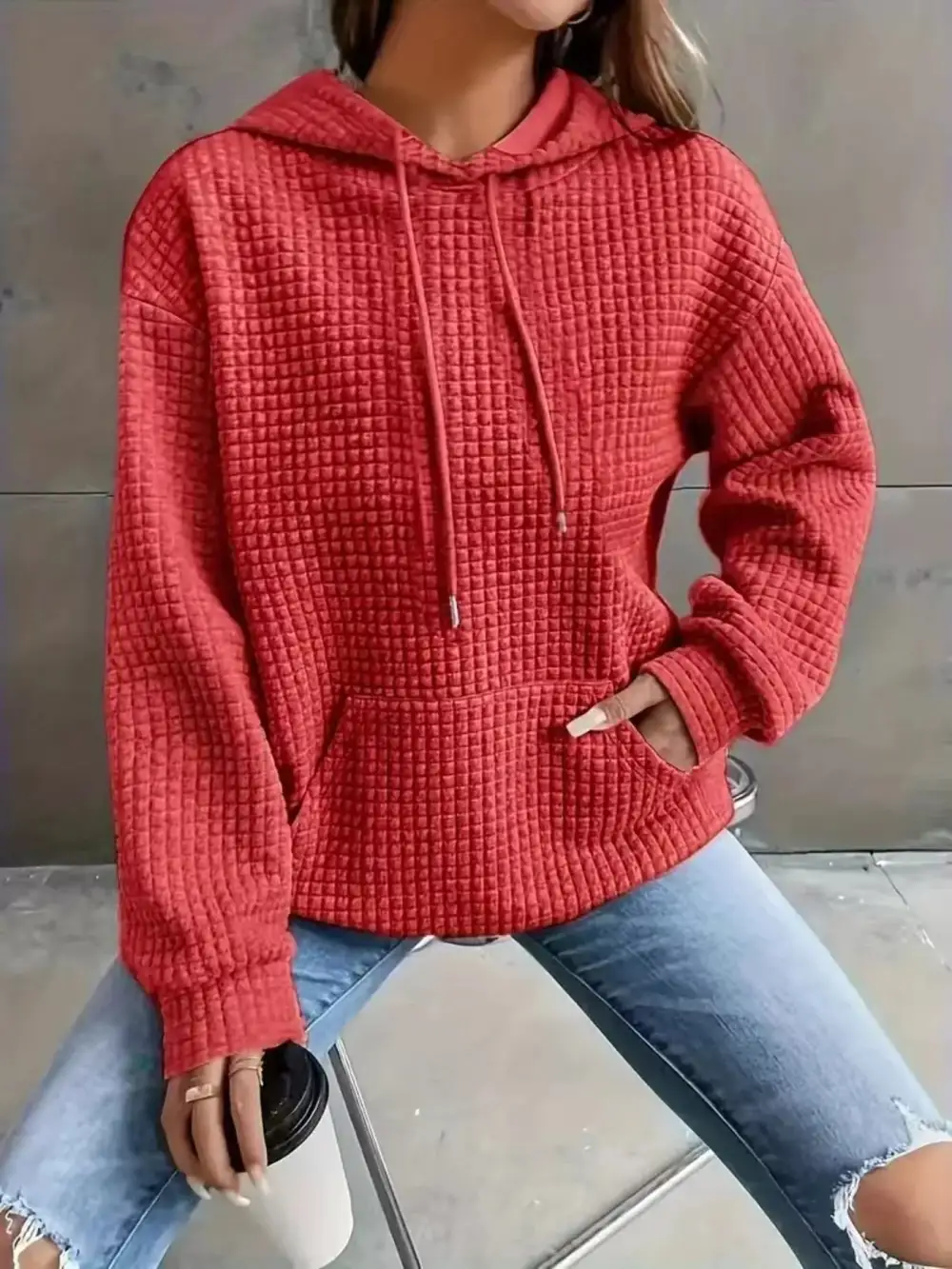 Drawstring Pocketed Textured Knit Hoodie