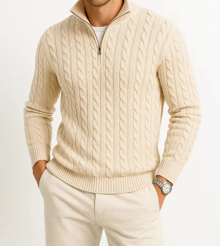 Zip-Neck Cable Knit Sweater