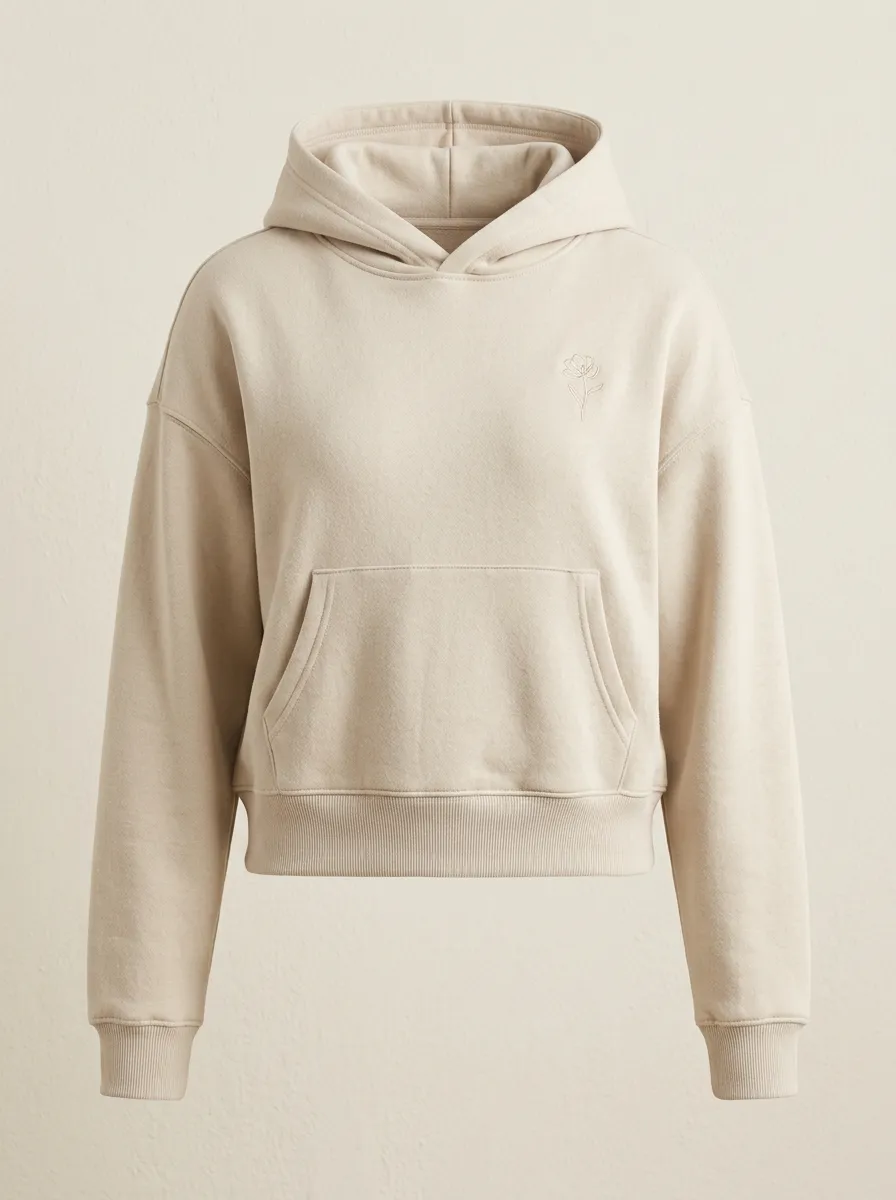 Women's Minimalist Floral Line Art Embroidered Beige Hoodie