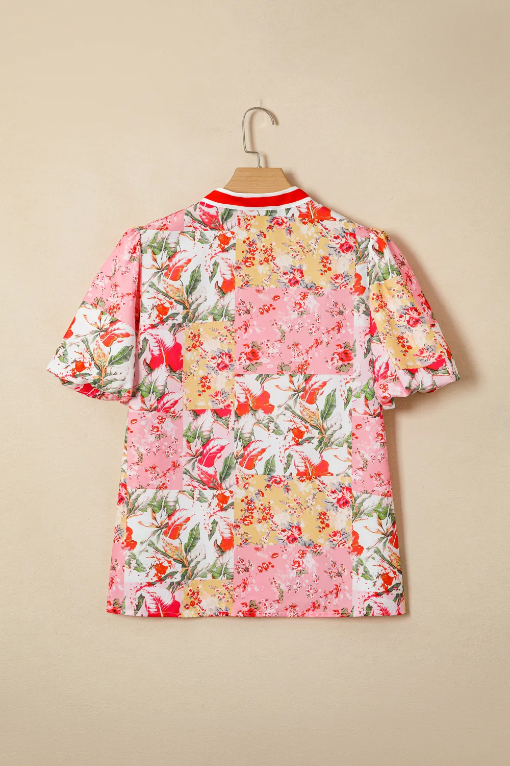 Pink Contrast Collared V Neck Blouse
