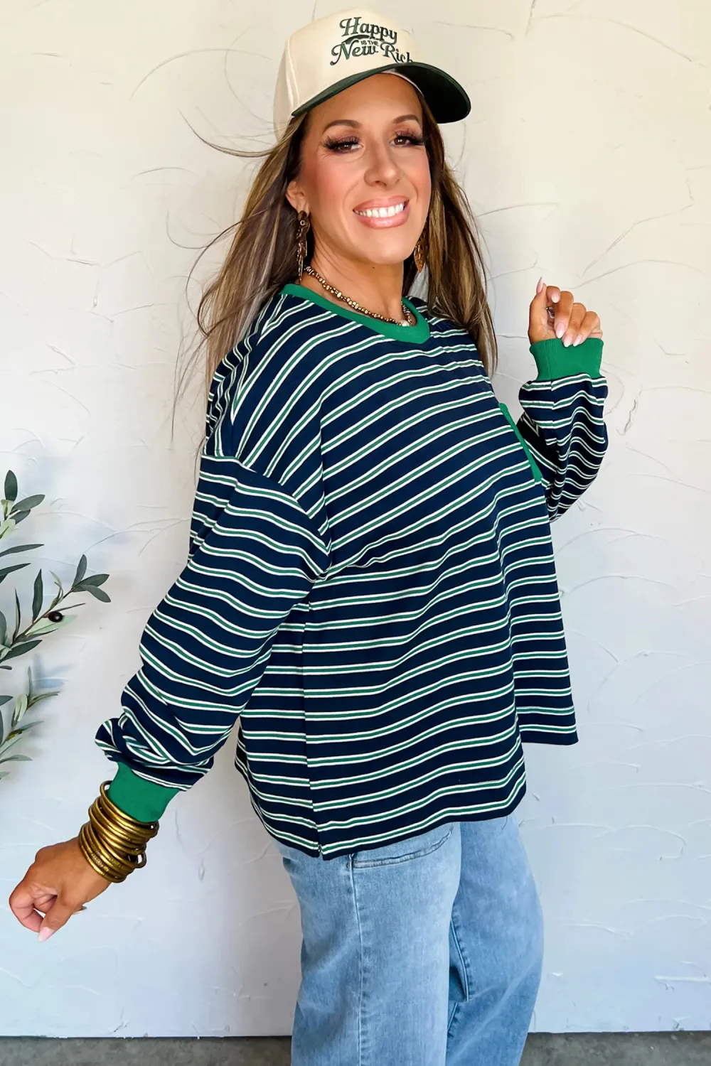Green Stripe Ribbed Block Patchwork Top