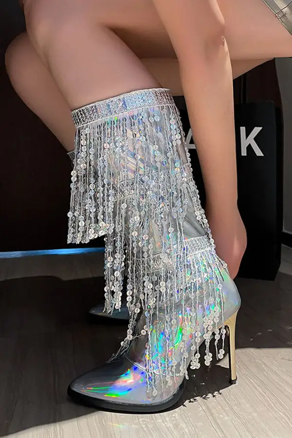 Tiered Sequined Tassel Patent Leather Boots