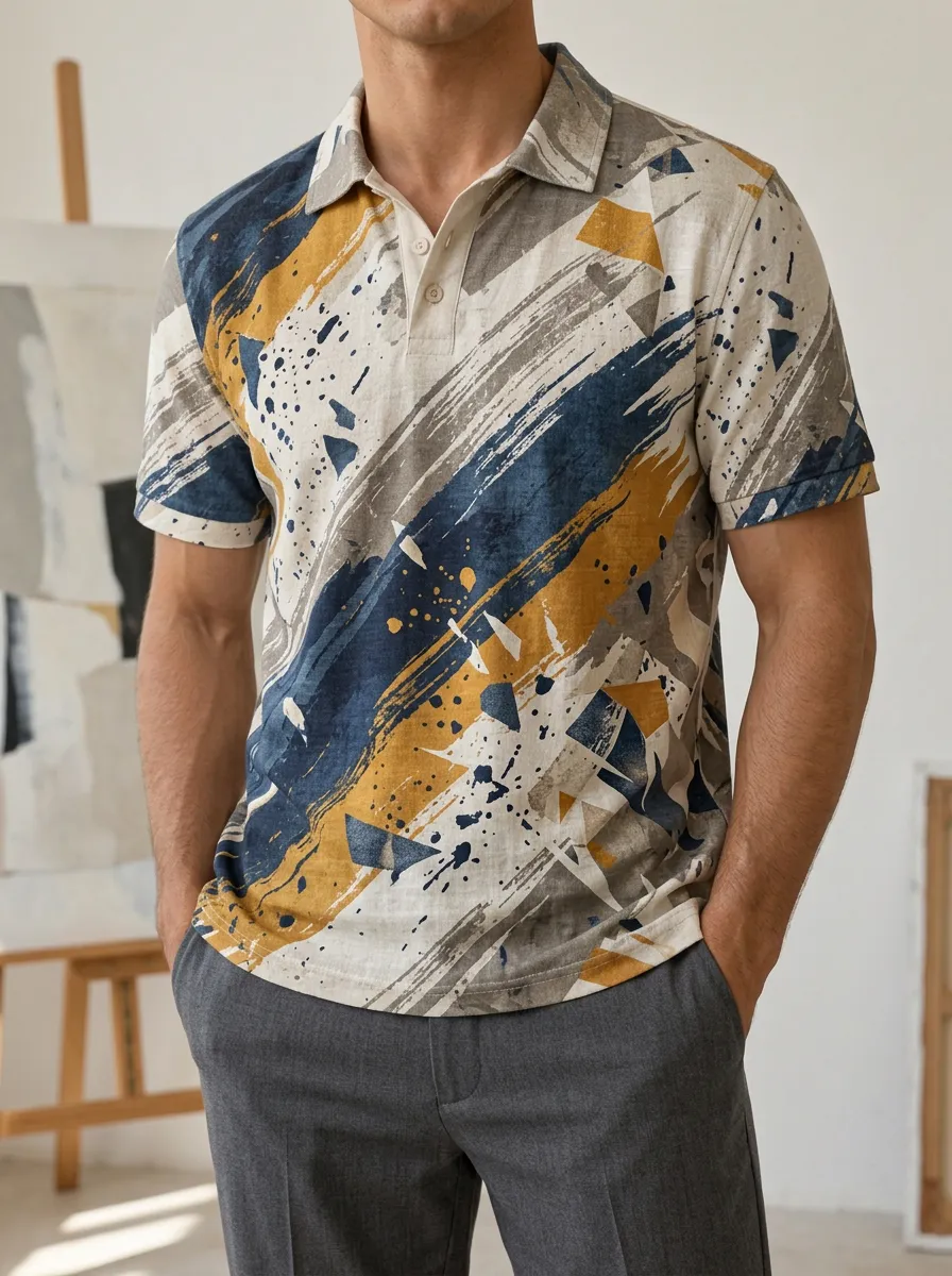 Men's Abstract Brushstroke Paint Splatter Printed Polo Shirt