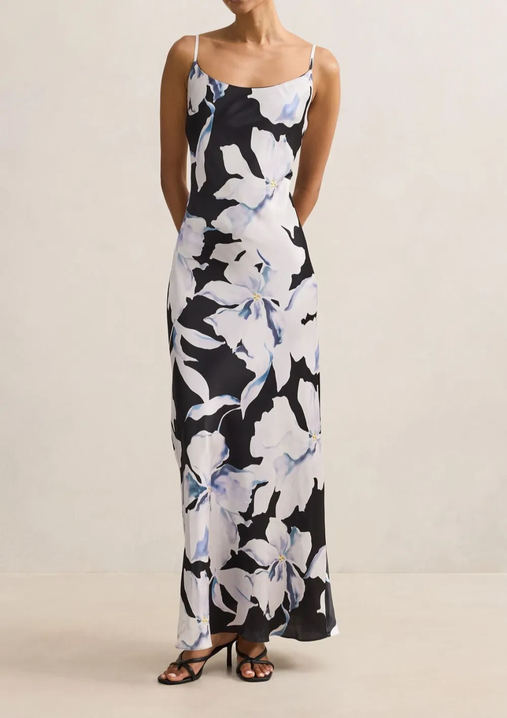 Black White Floral Print Strappy Slip Maxi Dress