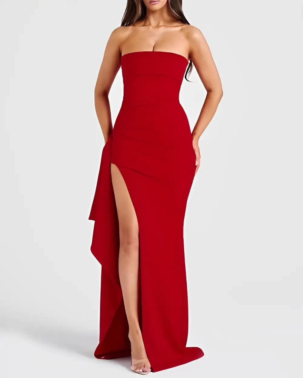  Strapless High Slit Evening Maxi Dress