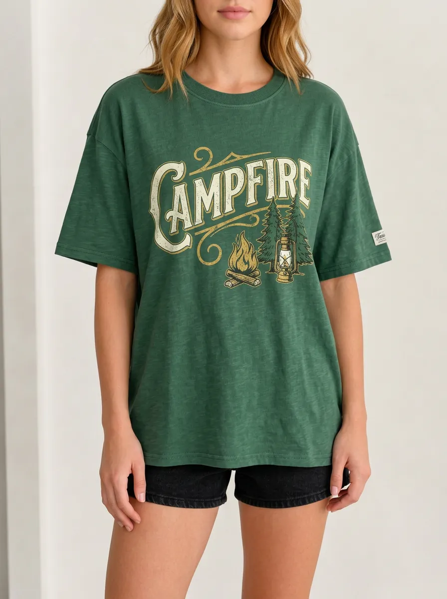Women's Camping Lover Campfire Pine Tree Lantern Printed T-shirt