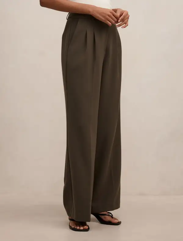 Olive Green Petite Pleat Wide Leg Pants
