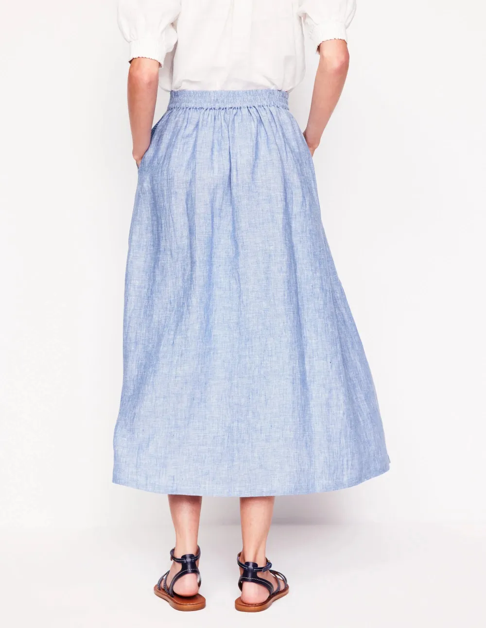 Verity Linen Midi Skirt -Grey Blue Chambray