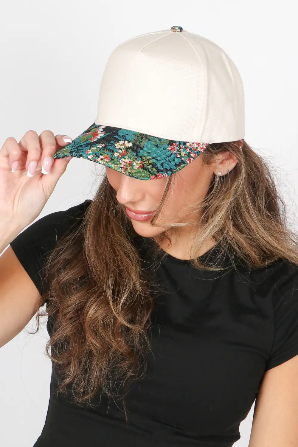 Floral Print Two Tone Five Panel Brocade Detail Panel Baseball Cap