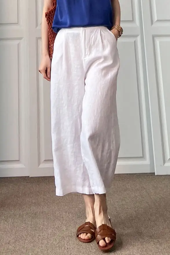 Elevated Linen Cotton Wide Leg Elastic Waist Pocketed Trousers