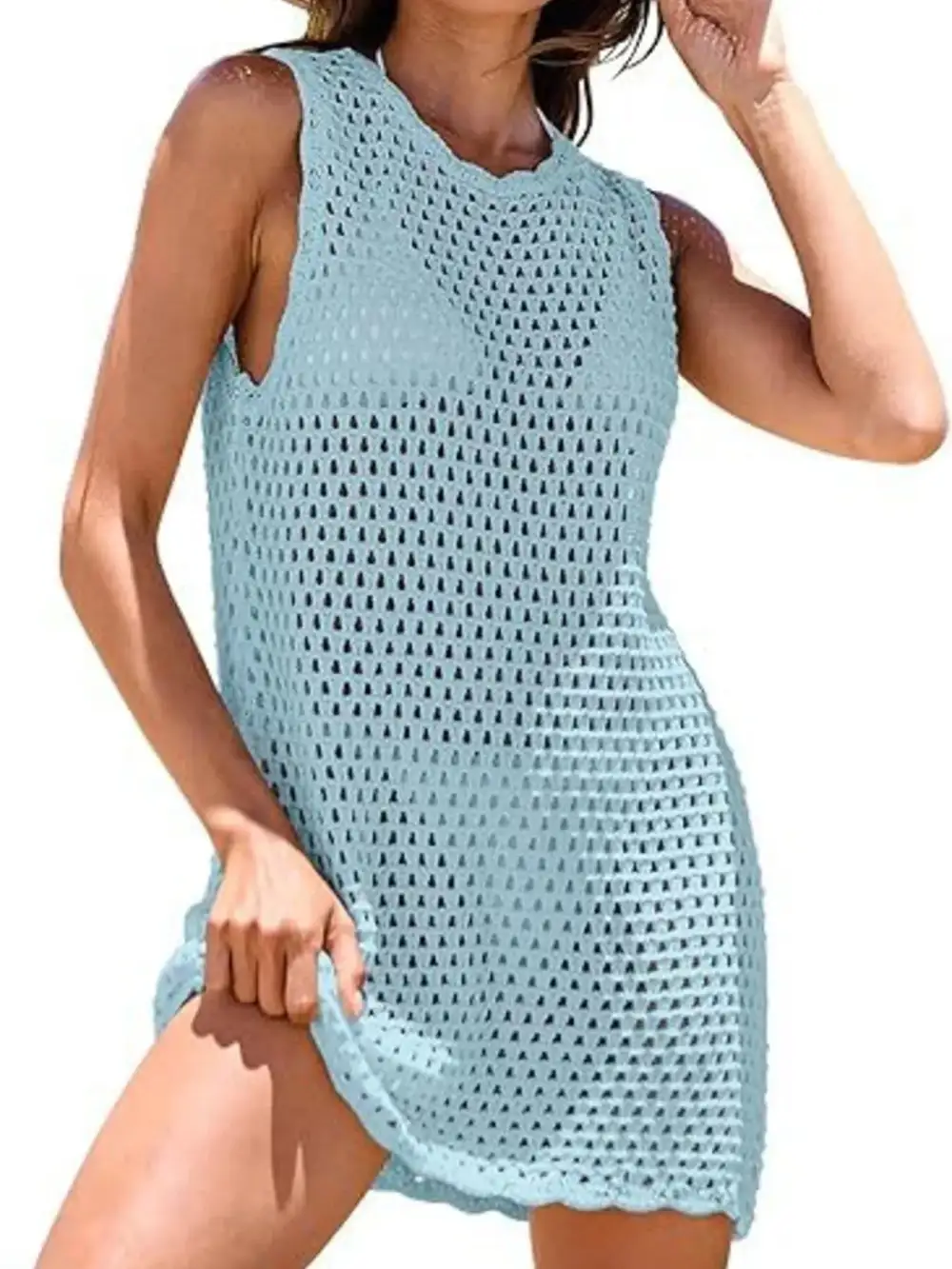Blocked Pattern Openwork Sleeveless Panel Detail Swim Cover Up