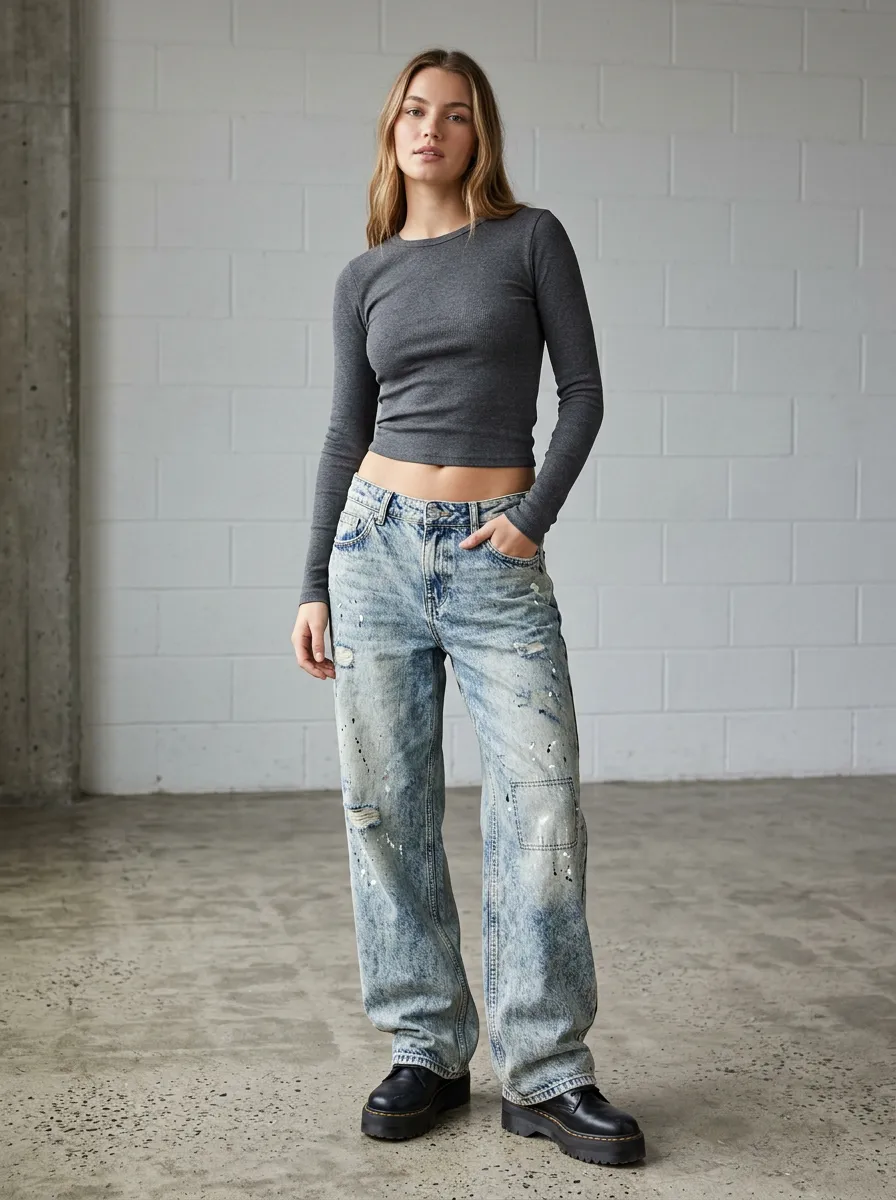 Women's Distressed Acid Wash Paint Splatter Printed Jeans