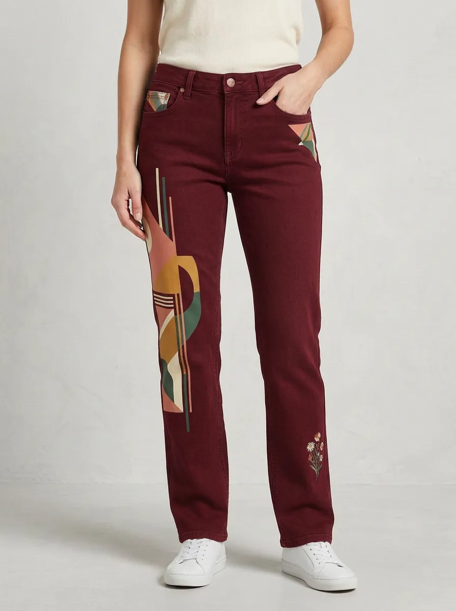Women's Abstract Geometric Floral Printed Straight Leg Jeans