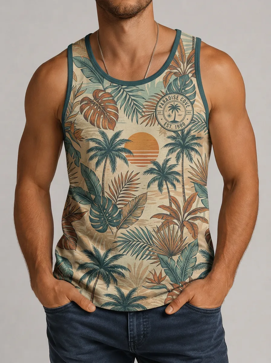 Men's Tropical Paradise Cove Palm Tree Printed Tank Top