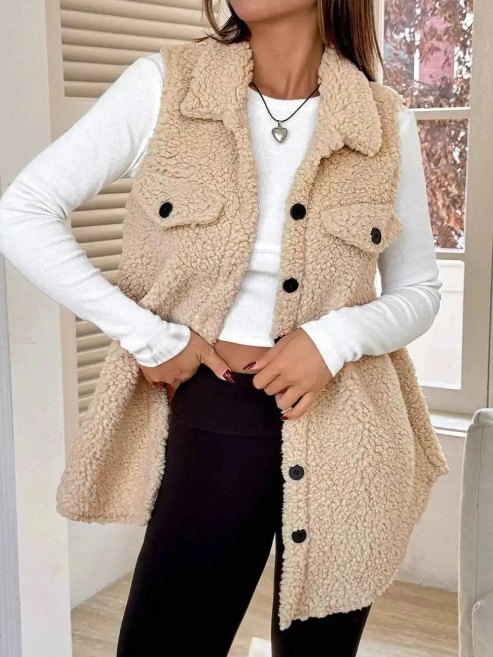 Button Down Sherpa Fleece Vest Coat