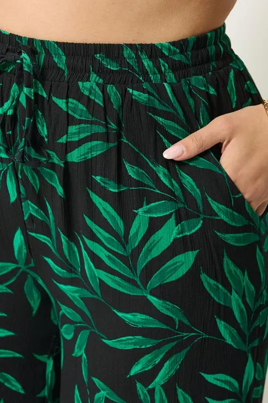 Black & Green Leaf Print Crinkle Beachwear Wide Leg Trousers