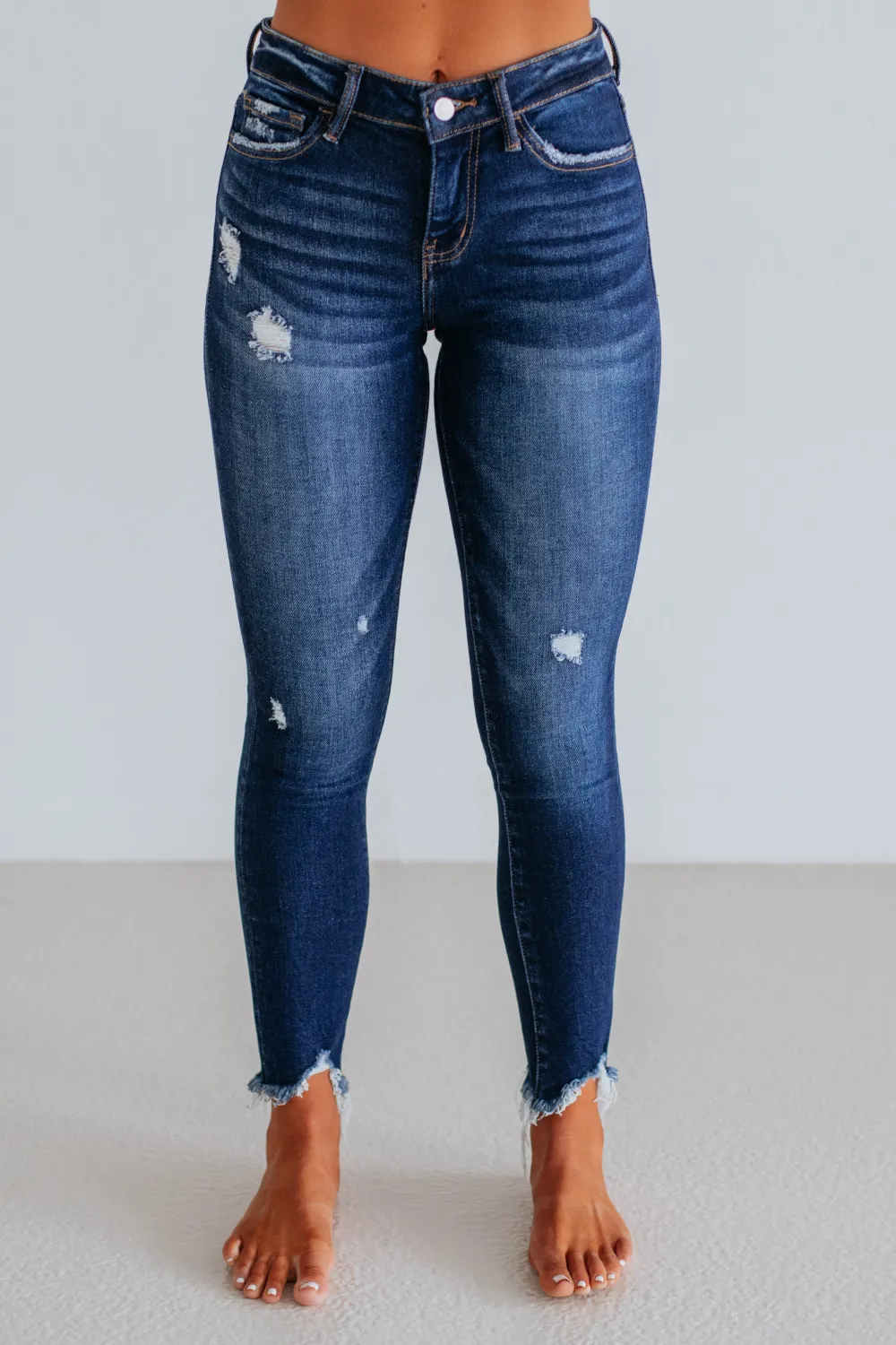 Women's Mid Rise Skinny Fit Raw Hem Jeans