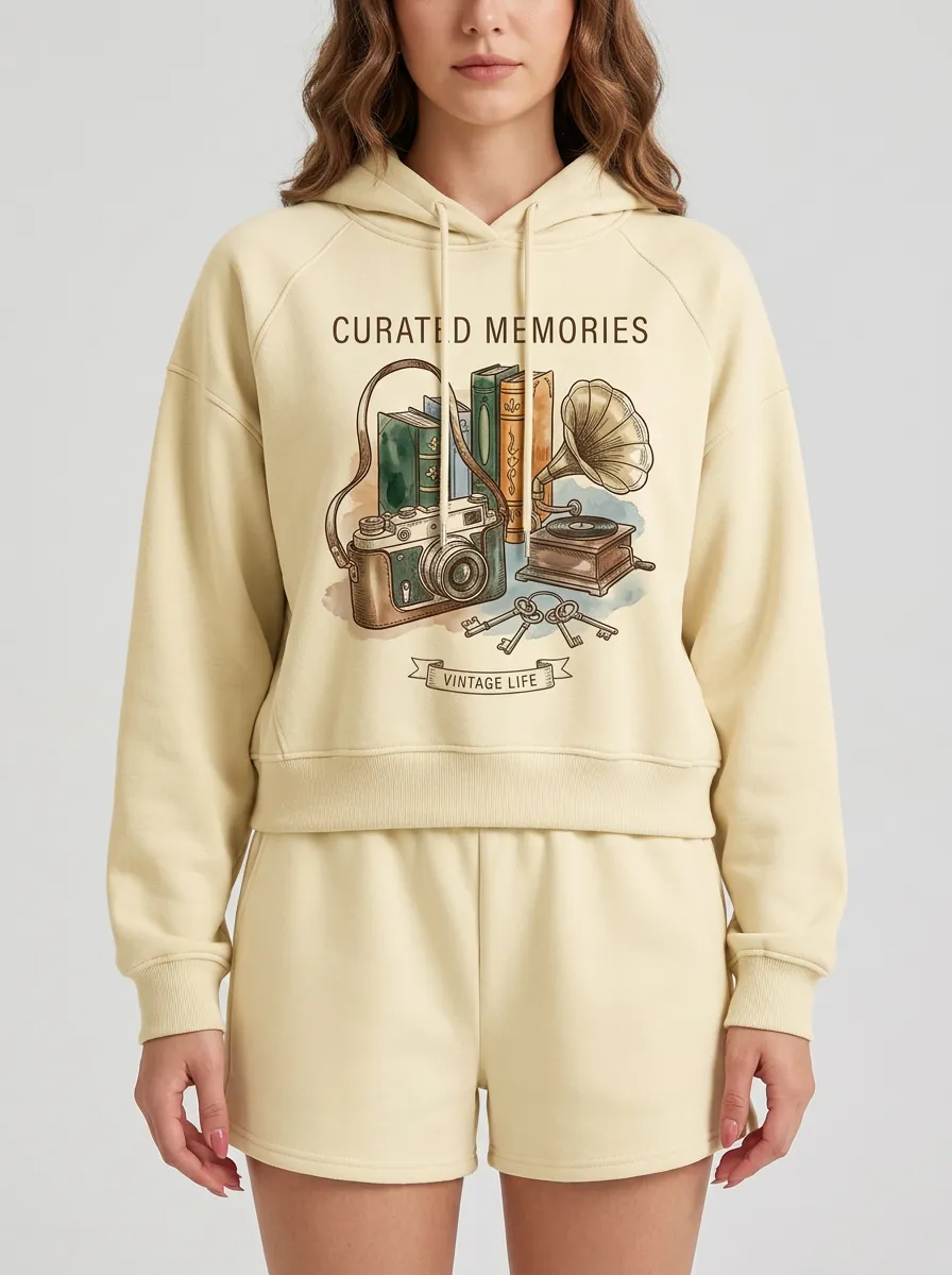 Women's Vintage Life Camera Books Gramophone Printed Hoodie