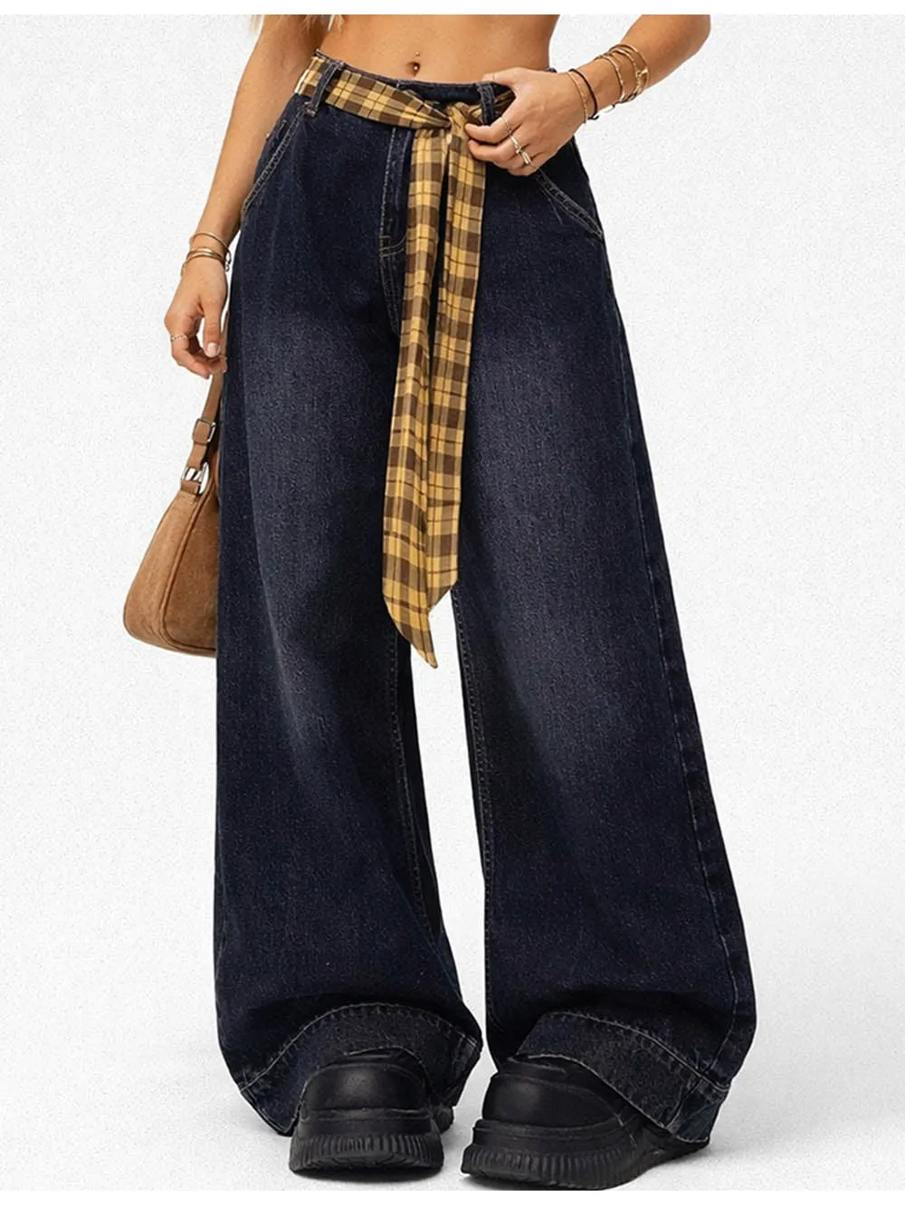 Vintage Checked Patch Belt Wide Leg Denim Pants