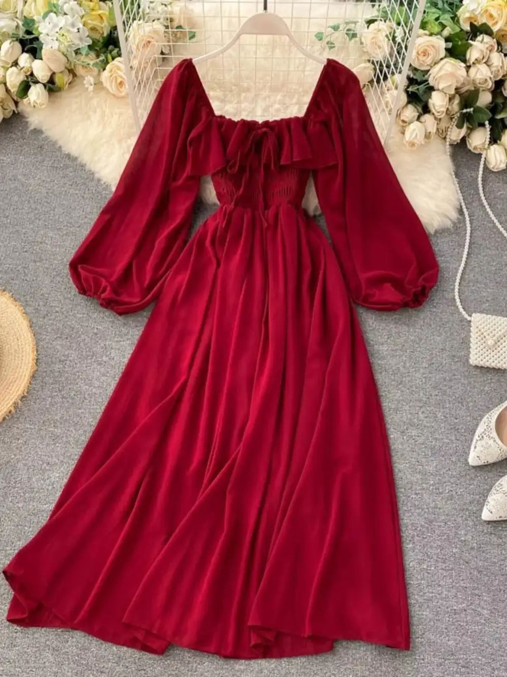 Square Neck Ruffle Dress Casual