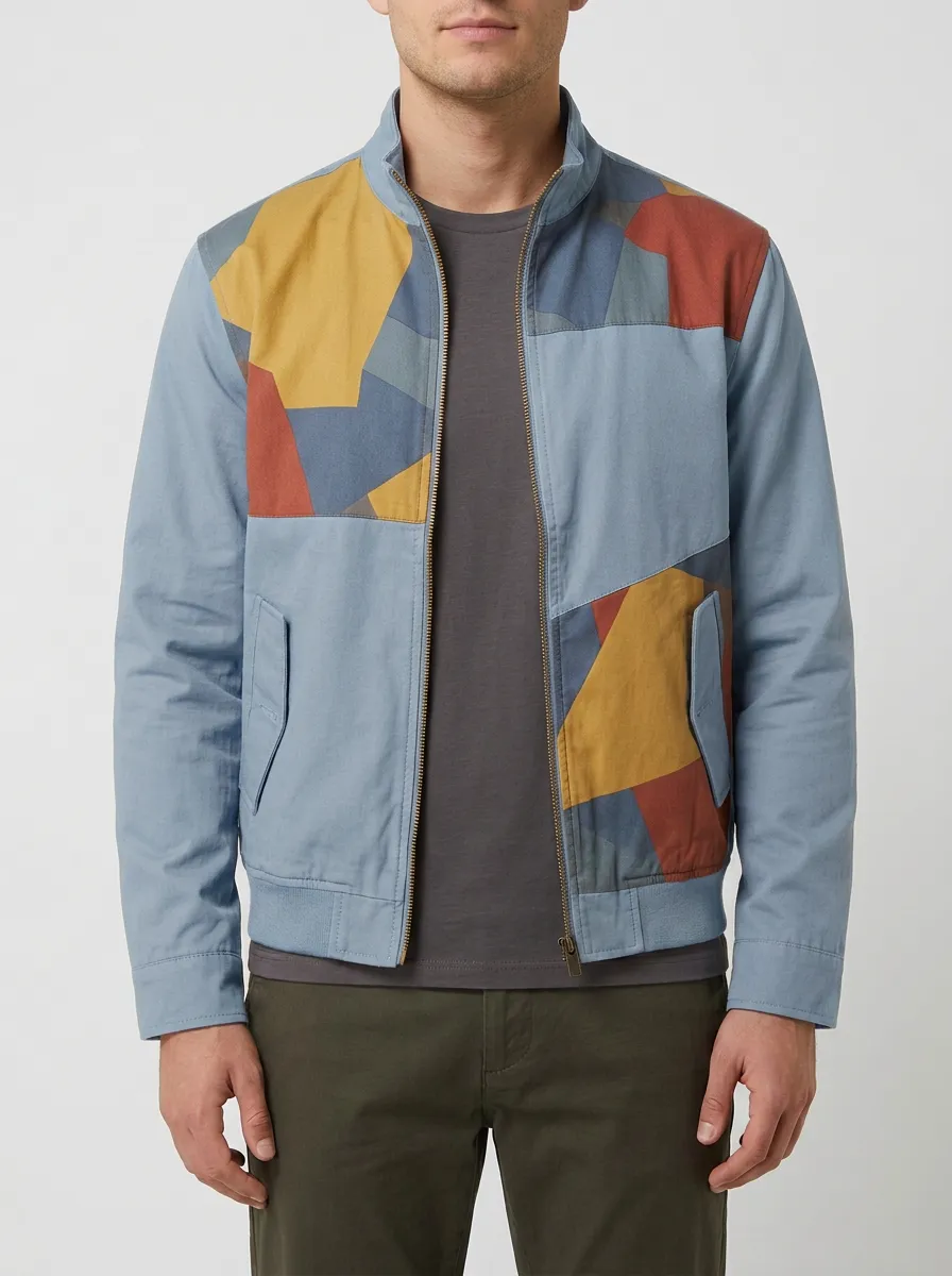 Geometric Print Stand Collar Panel Detail Bomber Jacket