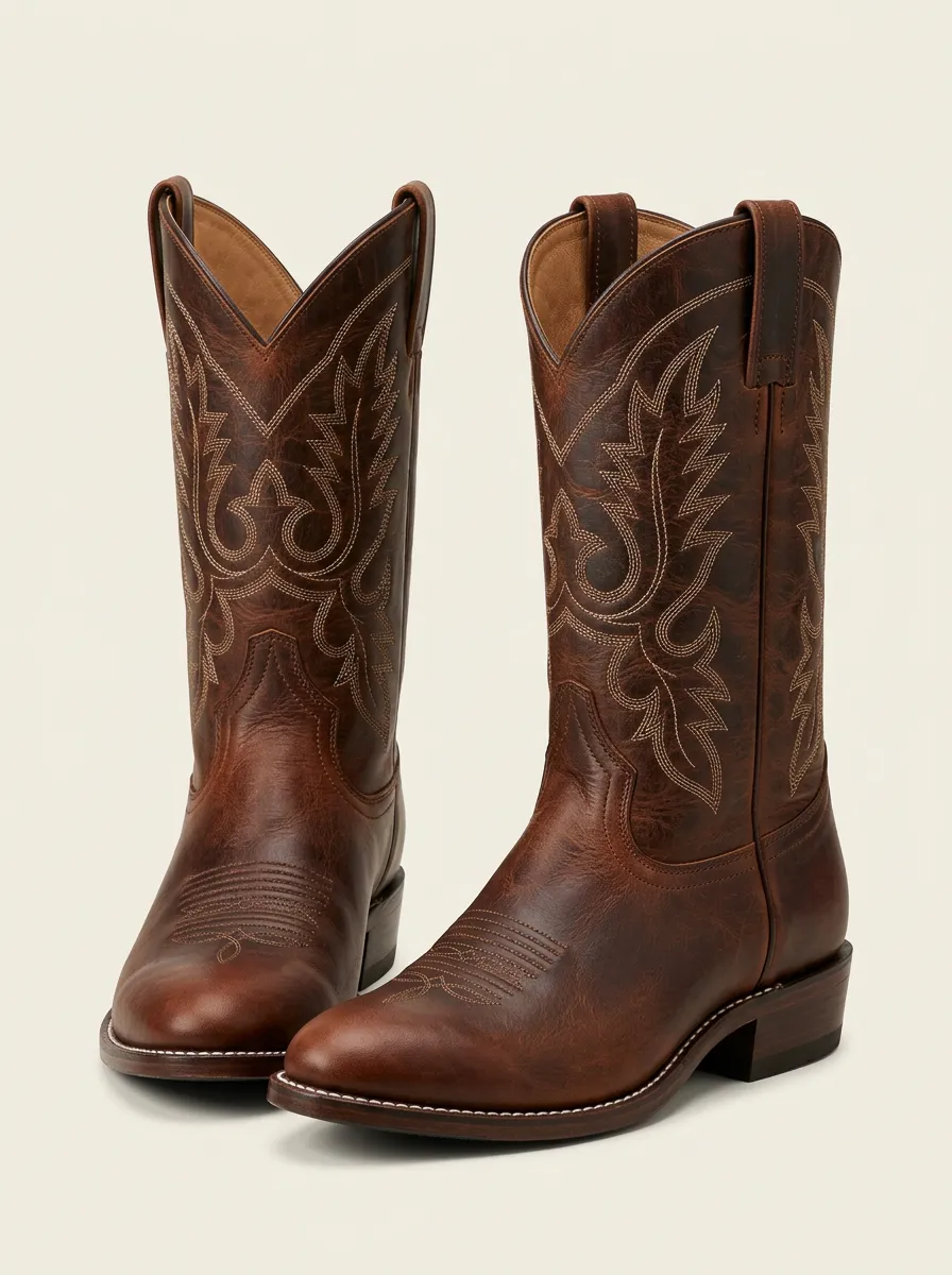 Men's Western Cowboy Brown Embroidered Stitched Leather Boots