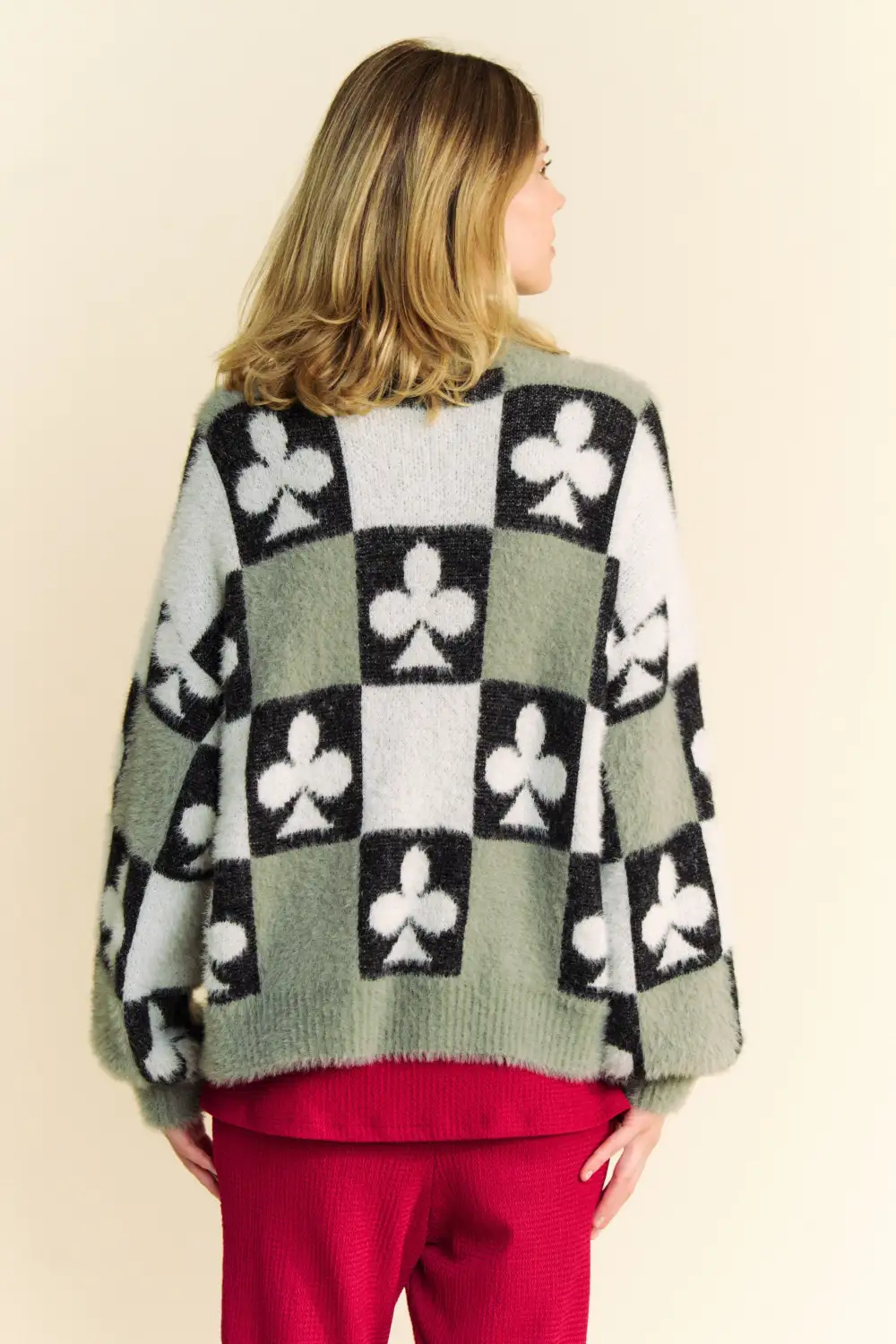 Ribbed Button Front Checkered Clover Print Cardigan